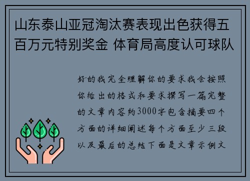 山东泰山亚冠淘汰赛表现出色获得五百万元特别奖金 体育局高度认可球队努力